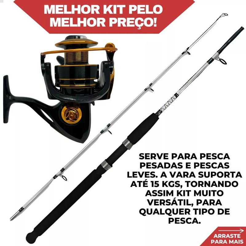 Kit de Pesca Vara Fibra de Vidro Maciça + Molinete e Drag